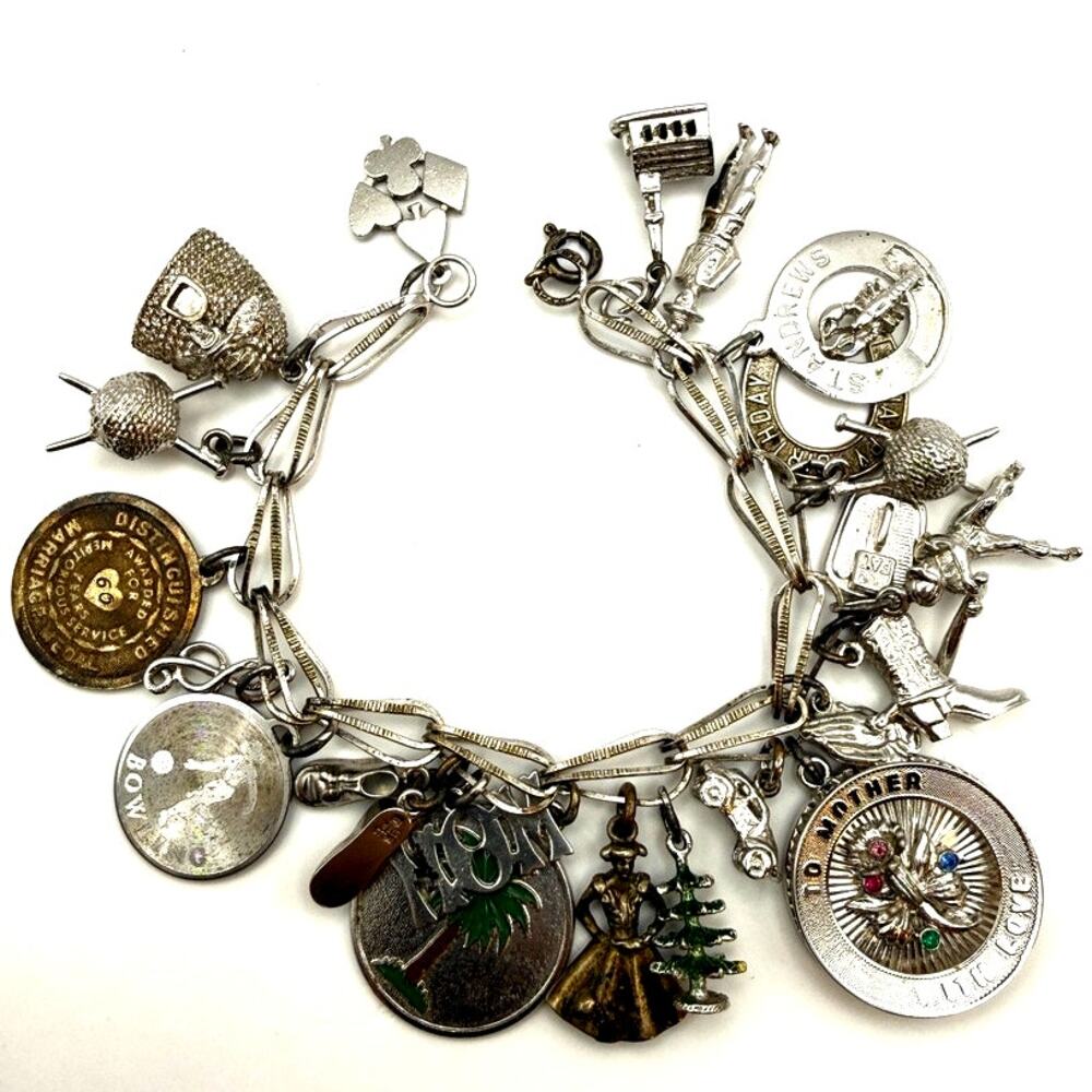 Vtg 925 Sterling Silver 21 Charm Bracelet Mom Yarn Horseshoe Bowler Bee Matador
